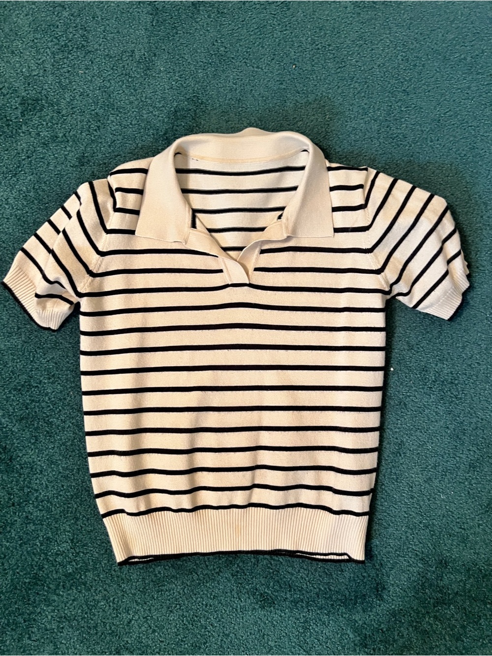 Women's Striped Polo Sweater Top - Cream with Black Stripes